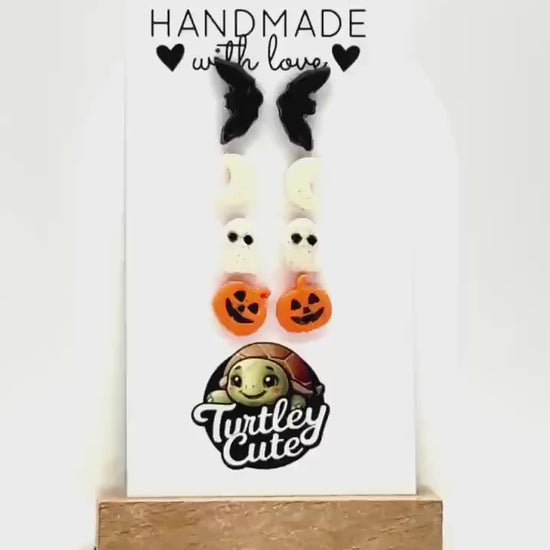 Halloween Polymer Clay Stud Earrings: Bats, Moons, Ghosts, Pumpkins
