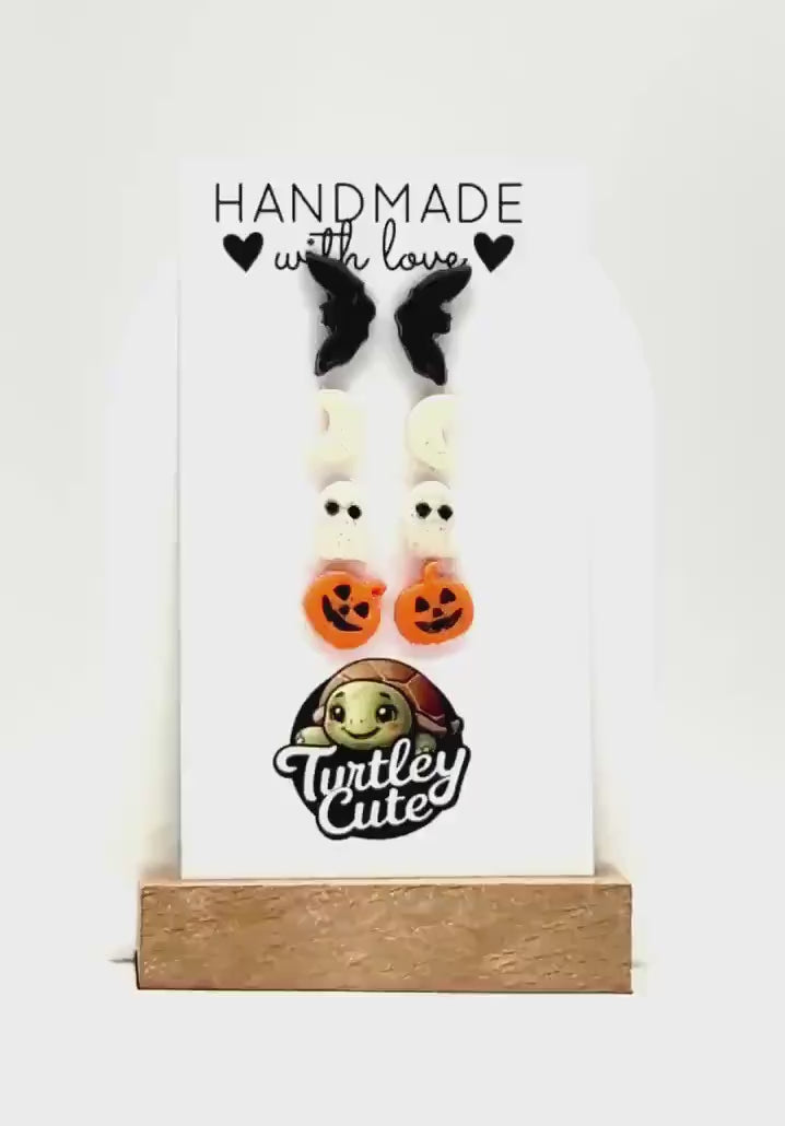 Halloween Polymer Clay Stud Earrings: Bats, Moons, Ghosts, Pumpkins