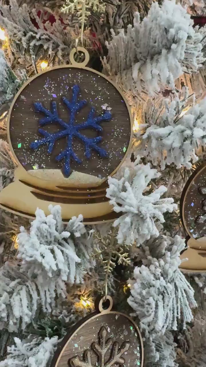 Rustic Wood Snowflake Snow Globe Ornament: Glitter Christmas Decor