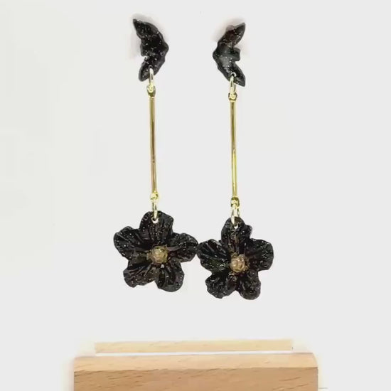 Black Bat & Flower Dangle Earrings: Handmade Polymer Clay Gothic Jewelry