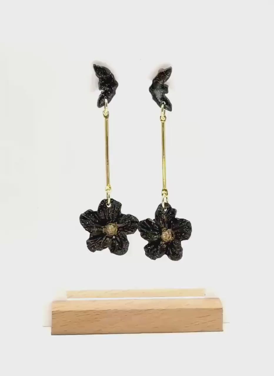 Black Bat & Flower Dangle Earrings: Handmade Polymer Clay Gothic Jewelry