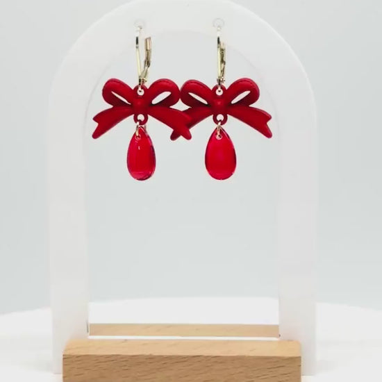 Handmade Red Bow Dangle Earrings: Resin Teardrop Statement Jewelry