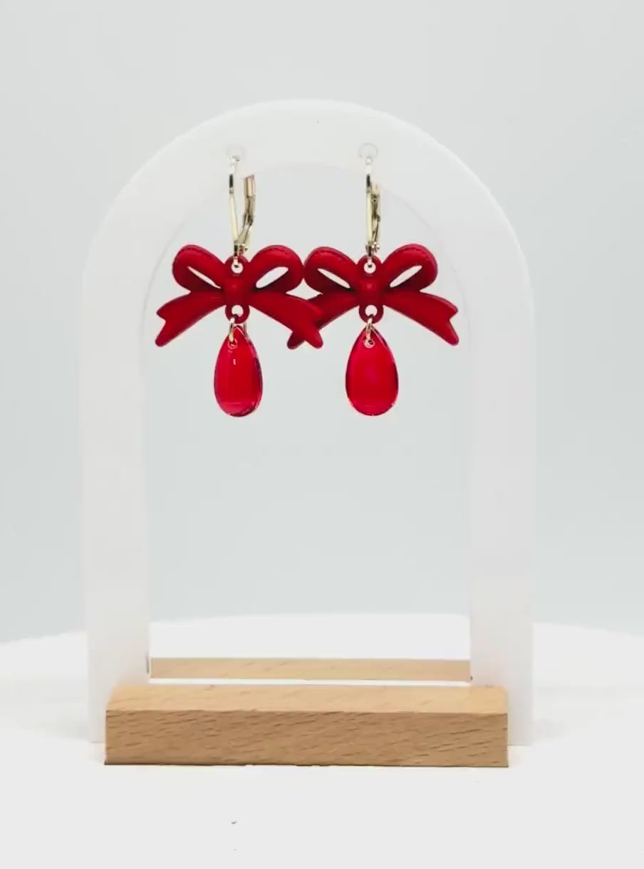 Handmade Red Bow Dangle Earrings: Resin Teardrop Statement Jewelry