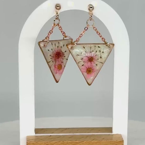 Rose Gold Resin Earrings: Pressed Flower Triangle Dangles