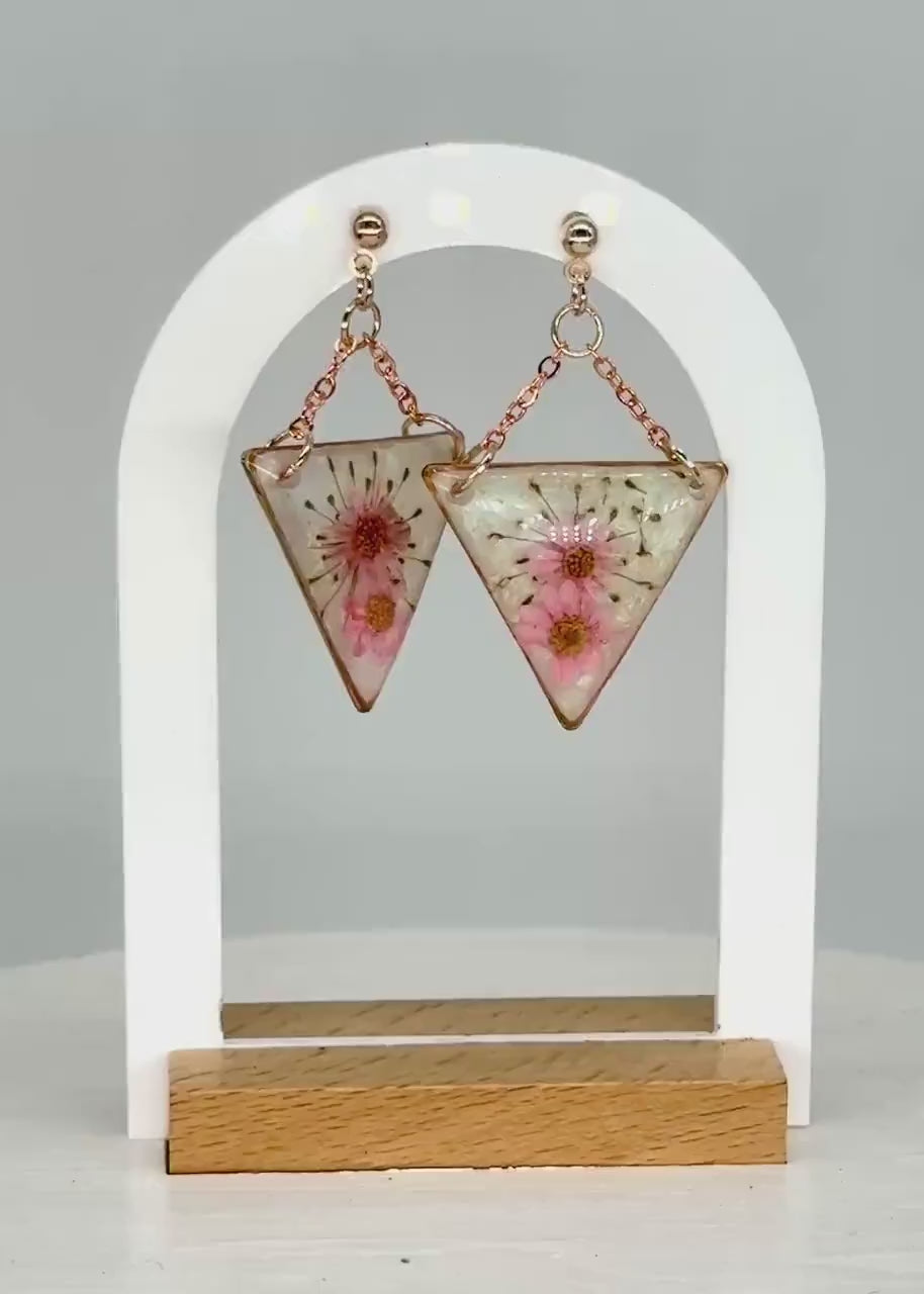 Rose Gold Resin Earrings: Pressed Flower Triangle Dangles