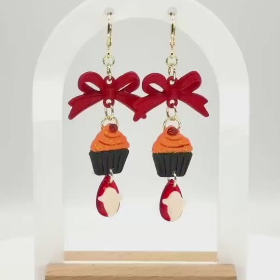 Ghost Cupcake Dangle Earrings: Polymer Clay, Bow Accent, Gold Leverbacks