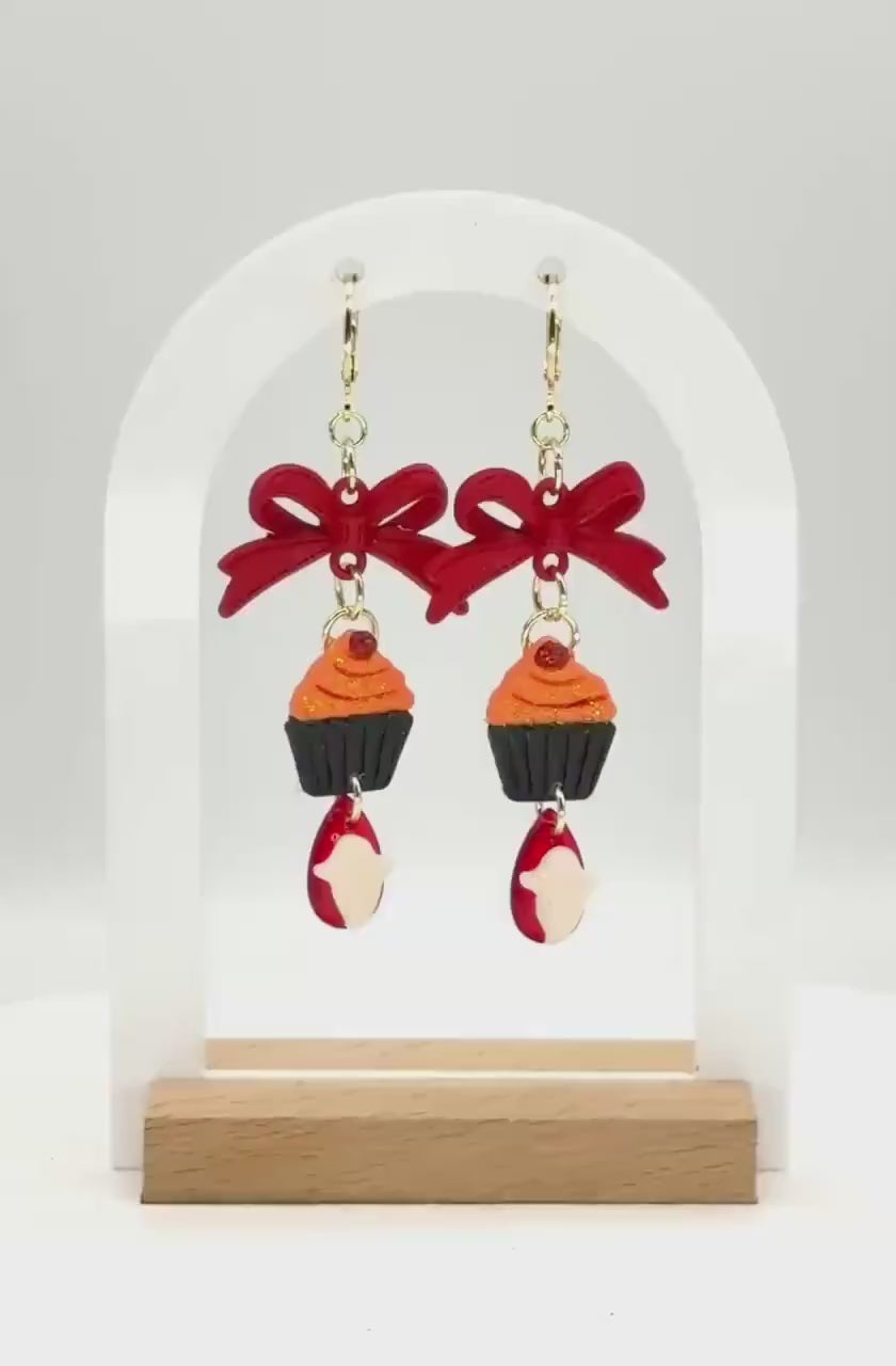 Ghost Cupcake Dangle Earrings: Polymer Clay, Bow Accent, Gold Leverbacks