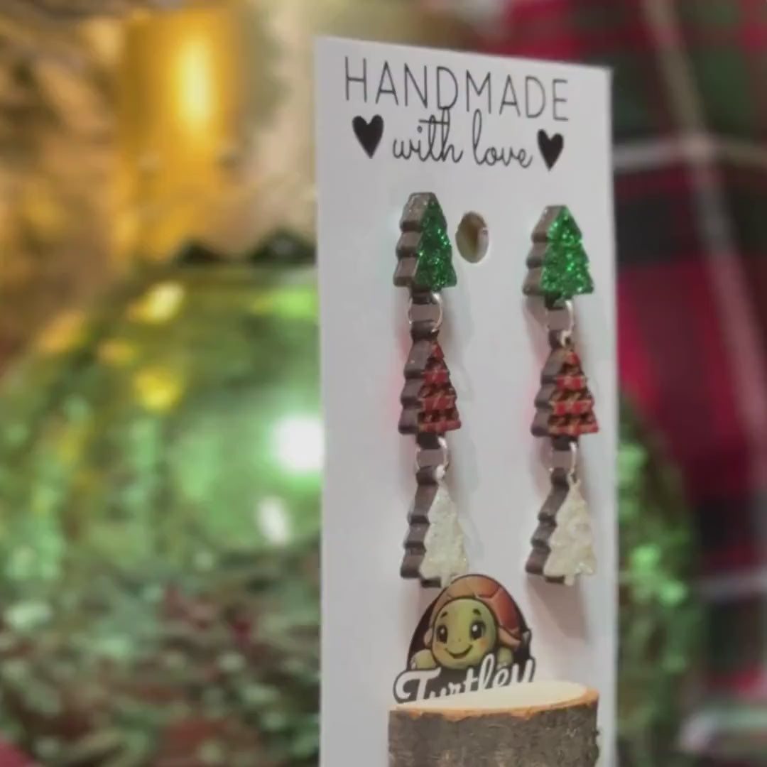 Handmade Christmas Tree Dangle Earrings: Green Glitter, Red Plaid, White Glitter