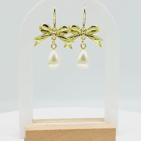 Pearl Drop Earrings: Gold Bow Bridal Jewelry