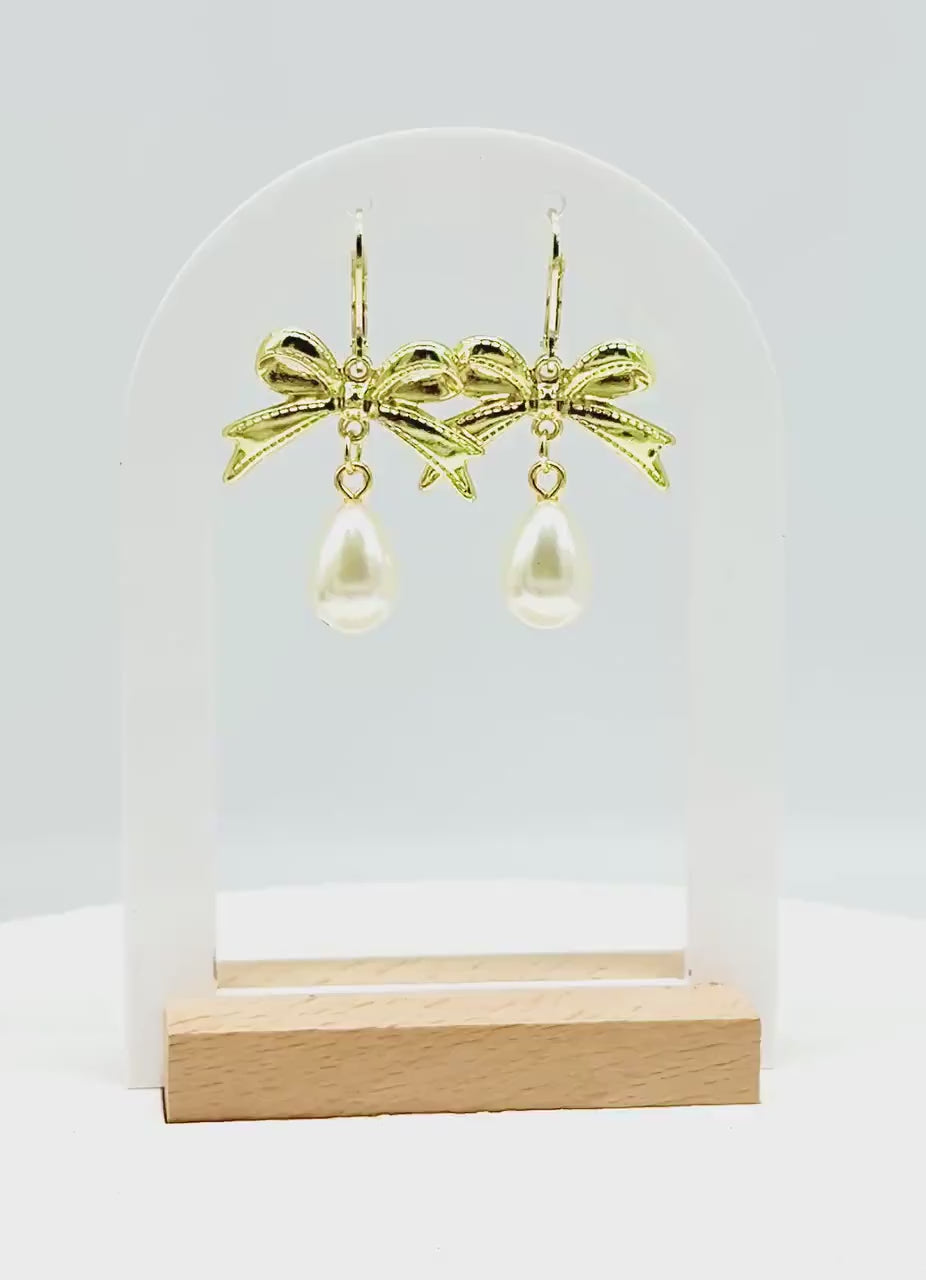 Pearl Drop Earrings: Gold Bow Bridal Jewelry