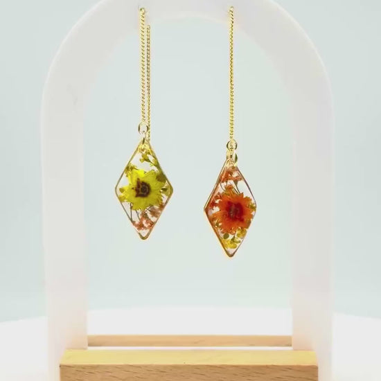 Dual Tone Floral Earrings – Clear Resin, Yellow & Orange Blooms with Foliage