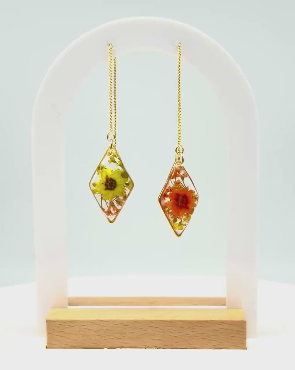 Dual Tone Floral Earrings – Clear Resin, Yellow & Orange Blooms with Foliage