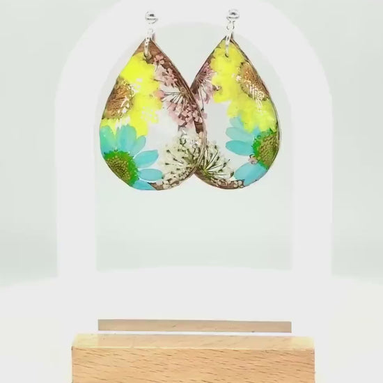 Teardrop Resin Wood Earrings: Real Pressed Sunflower & Daisy