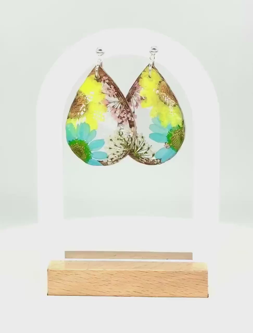 Teardrop Resin Wood Earrings: Real Pressed Sunflower & Daisy