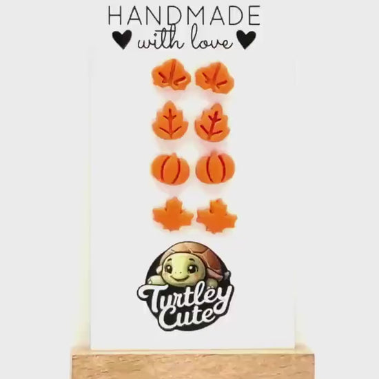 Tiny Fall Stud Earrings – Polymer Clay Pumpkin & Leaf Posts