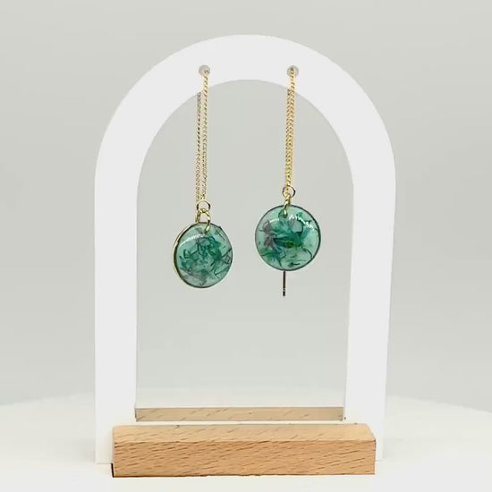 Green Resin Pressed Flower Earrings: Botanical Threader Dangles