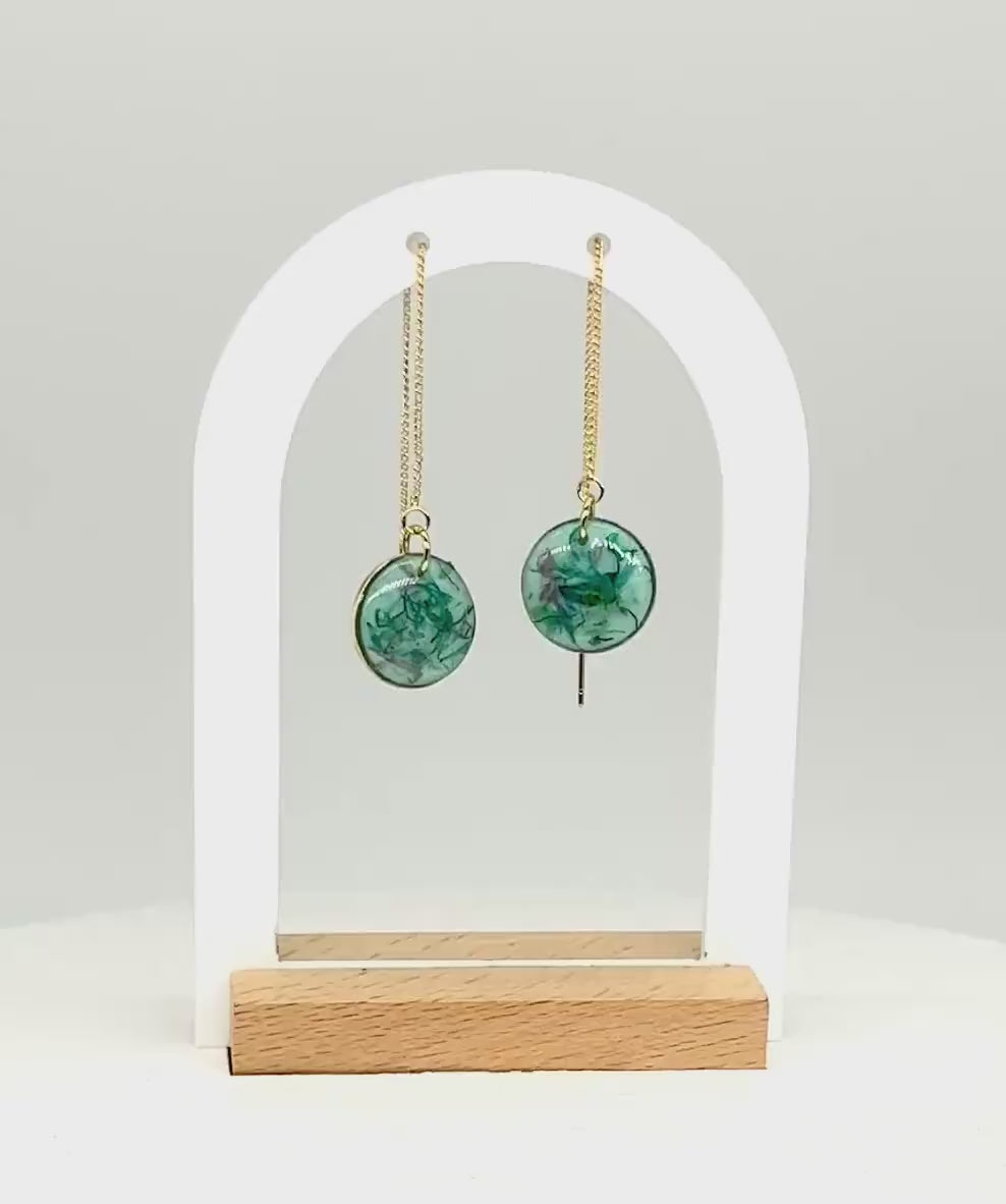 Green Resin Pressed Flower Earrings: Botanical Threader Dangles