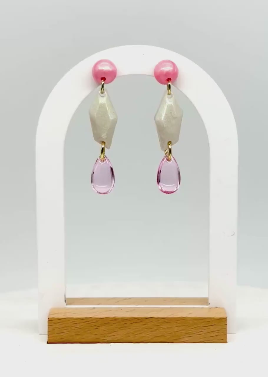 Pink Resin Dangle Earrings: Geometric Teardrop Statement Jewelry