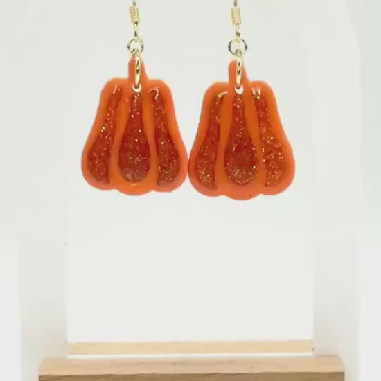 Glitter Pumpkin Earrings: Handmade Polymer Clay Dangles, Gold-Tone