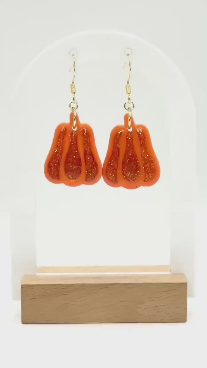 Glitter Pumpkin Earrings: Handmade Polymer Clay Dangles, Gold-Tone