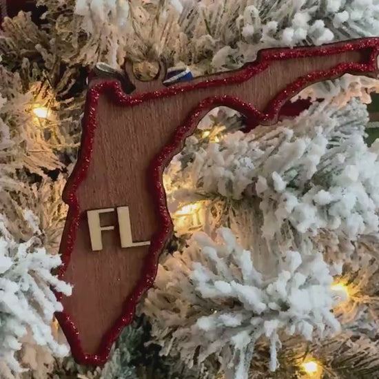 Custom State Ornament: Engraved American Flag, Red Glitter Heart