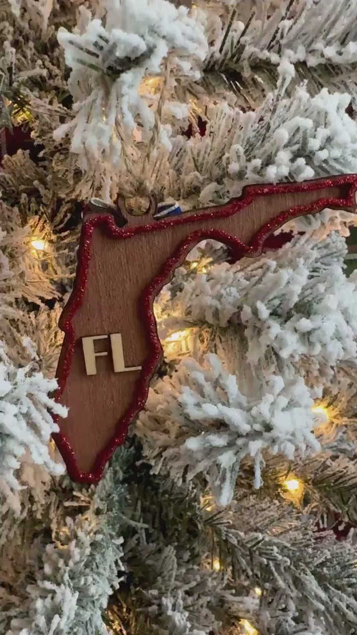 Custom State Ornament: Engraved American Flag, Red Glitter Heart