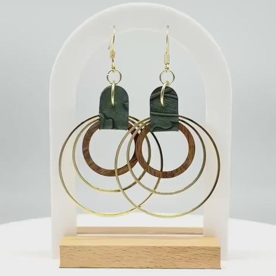 Green Leather, Wood & Metal Triple Hoop Earrings | Handmade Boho Jewelry