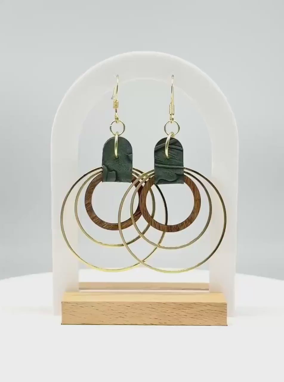 Green Leather, Wood & Metal Triple Hoop Earrings | Handmade Boho Jewelry