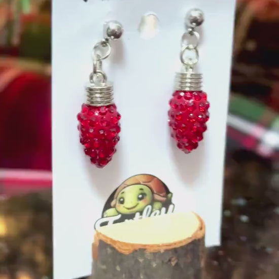 Sparkly Red Light Bulb Earrings - Rhinestone Gem Dangle Earrings, Festive Holiday Jewelry