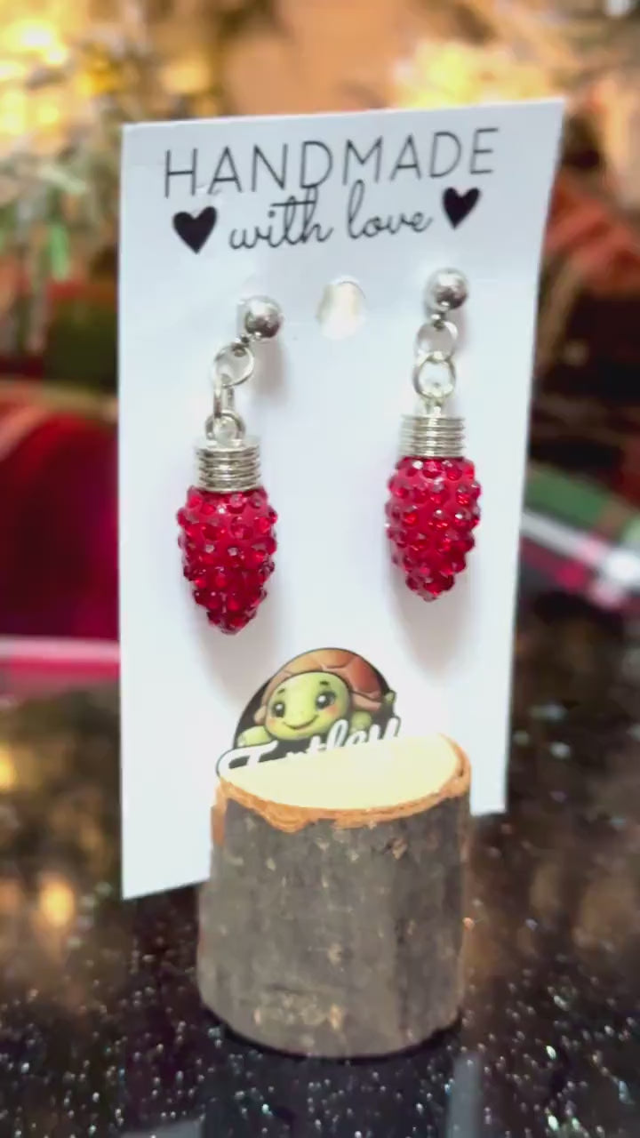 Sparkly Red Light Bulb Earrings - Rhinestone Gem Dangle Earrings, Festive Holiday Jewelry