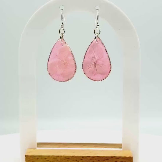 Pressed Flower Earrings: Pink Resin Teardrop Dangles, Botanical Glitter