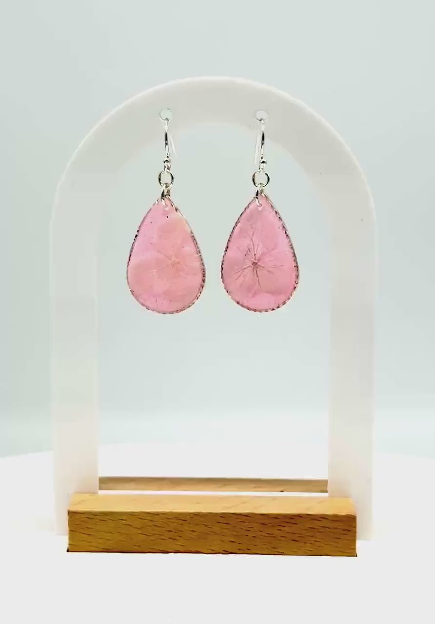 Pressed Flower Earrings: Pink Resin Teardrop Dangles, Botanical Glitter