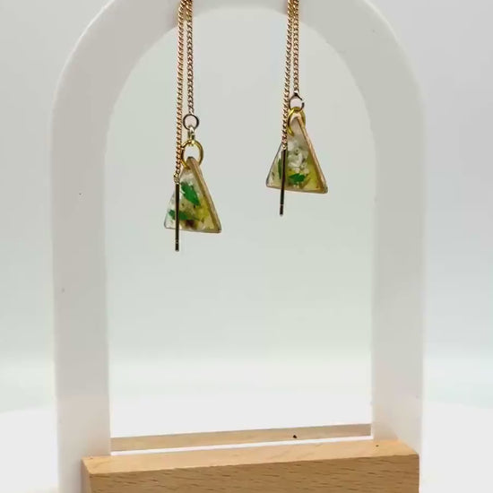 Clear Resin Earrings – Yellow Flowers, White & Green Accents, Gold Triangle