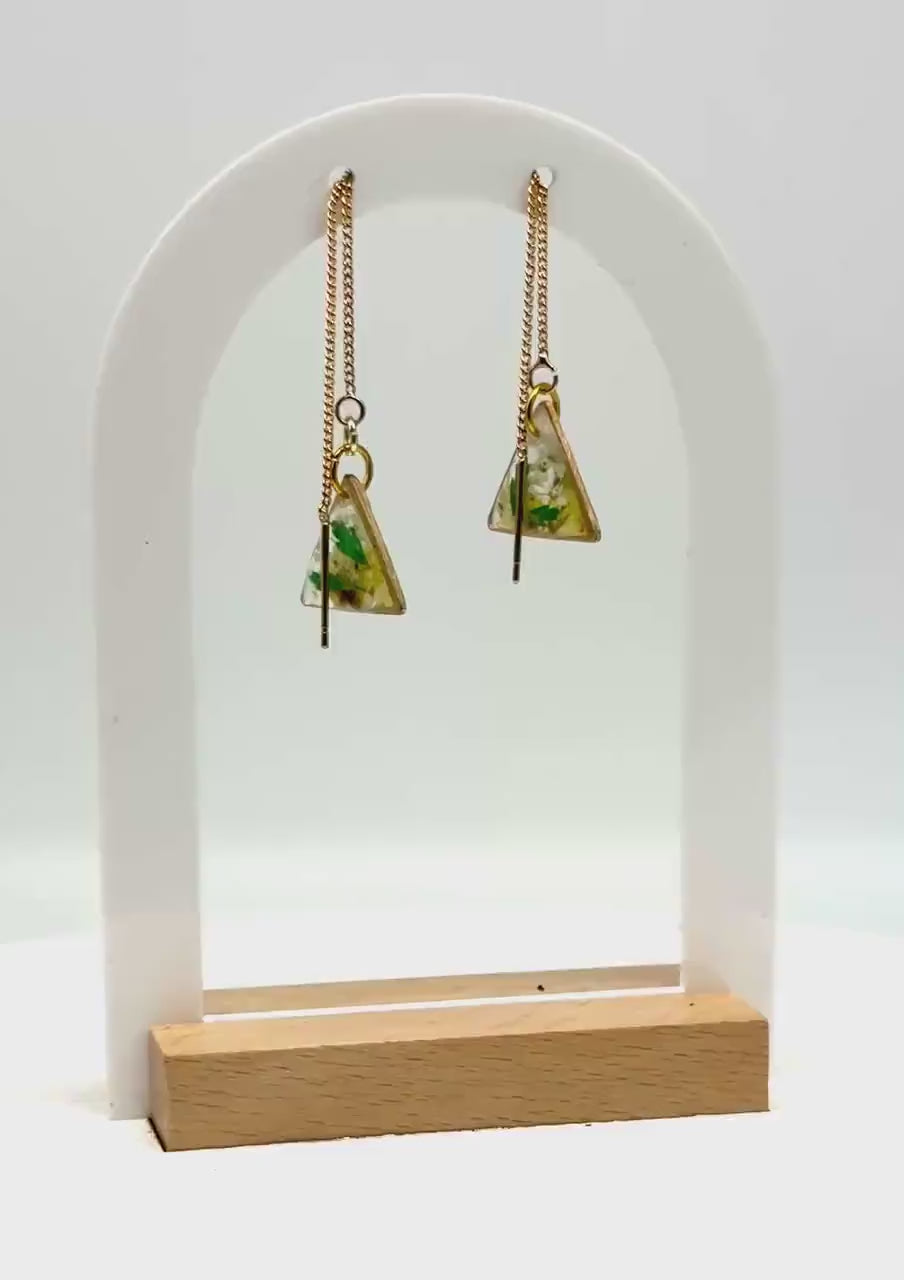 Clear Resin Earrings – Yellow Flowers, White & Green Accents, Gold Triangle