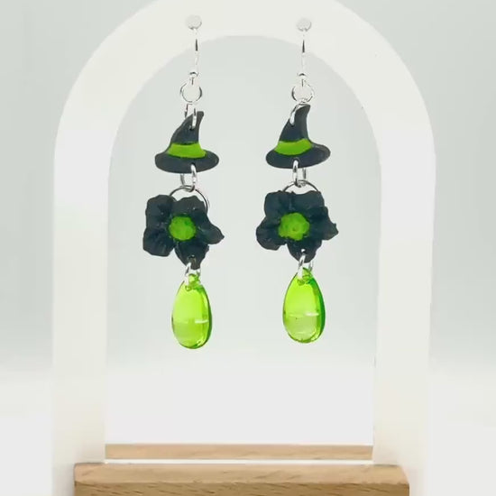 Witch Hat Polymer Clay Dangle Earrings: Sterling Silver, Green Drops