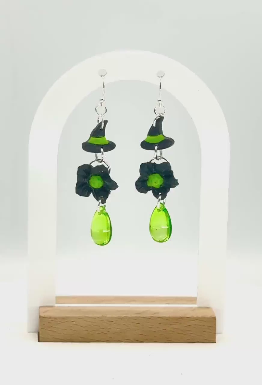 Witch Hat Polymer Clay Dangle Earrings: Sterling Silver, Green Drops
