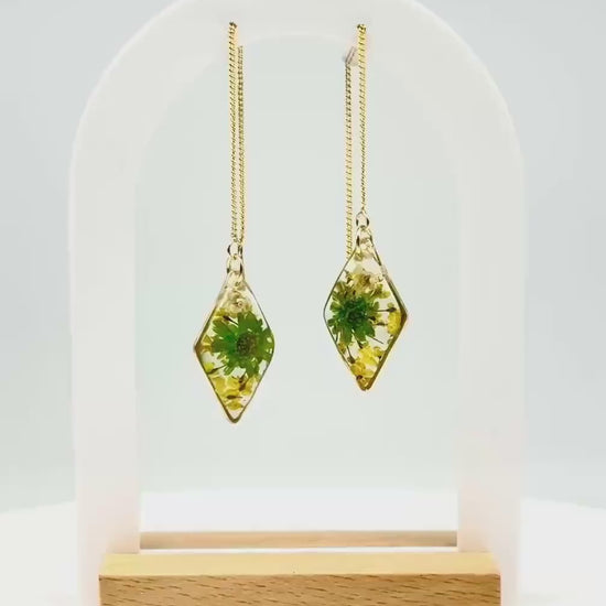 Handmade Diamond Resin Earrings – Real Floral Accents with Gold Threader