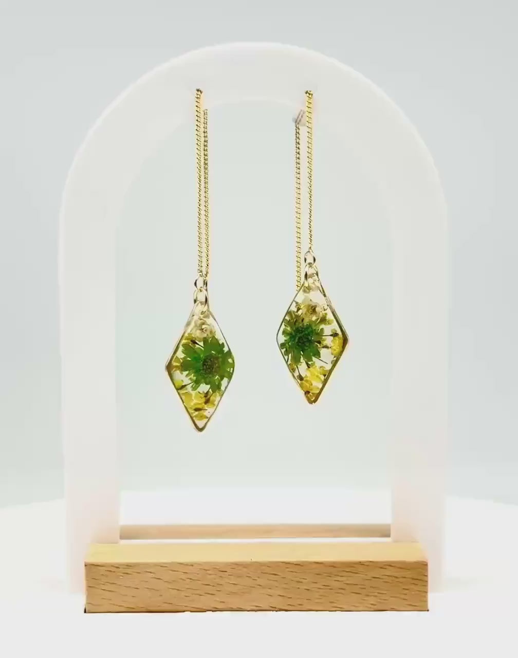 Handmade Diamond Resin Earrings – Real Floral Accents with Gold Threader