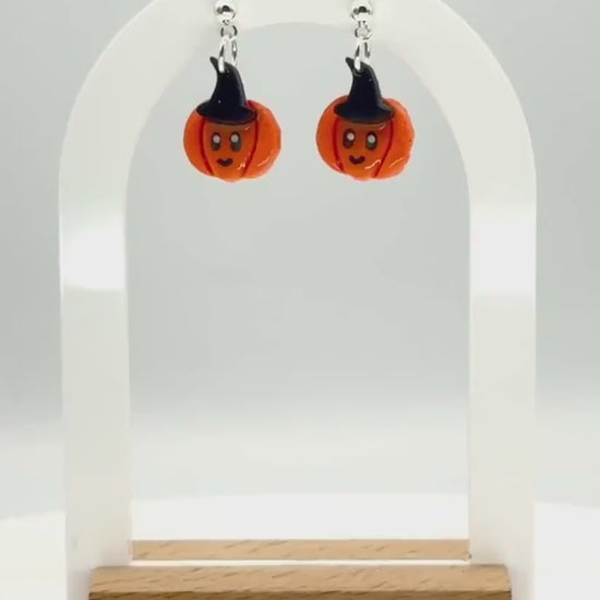 Kawaii Pumpkin Witch Earrings: Polymer Clay Dangles, Nickel-Free