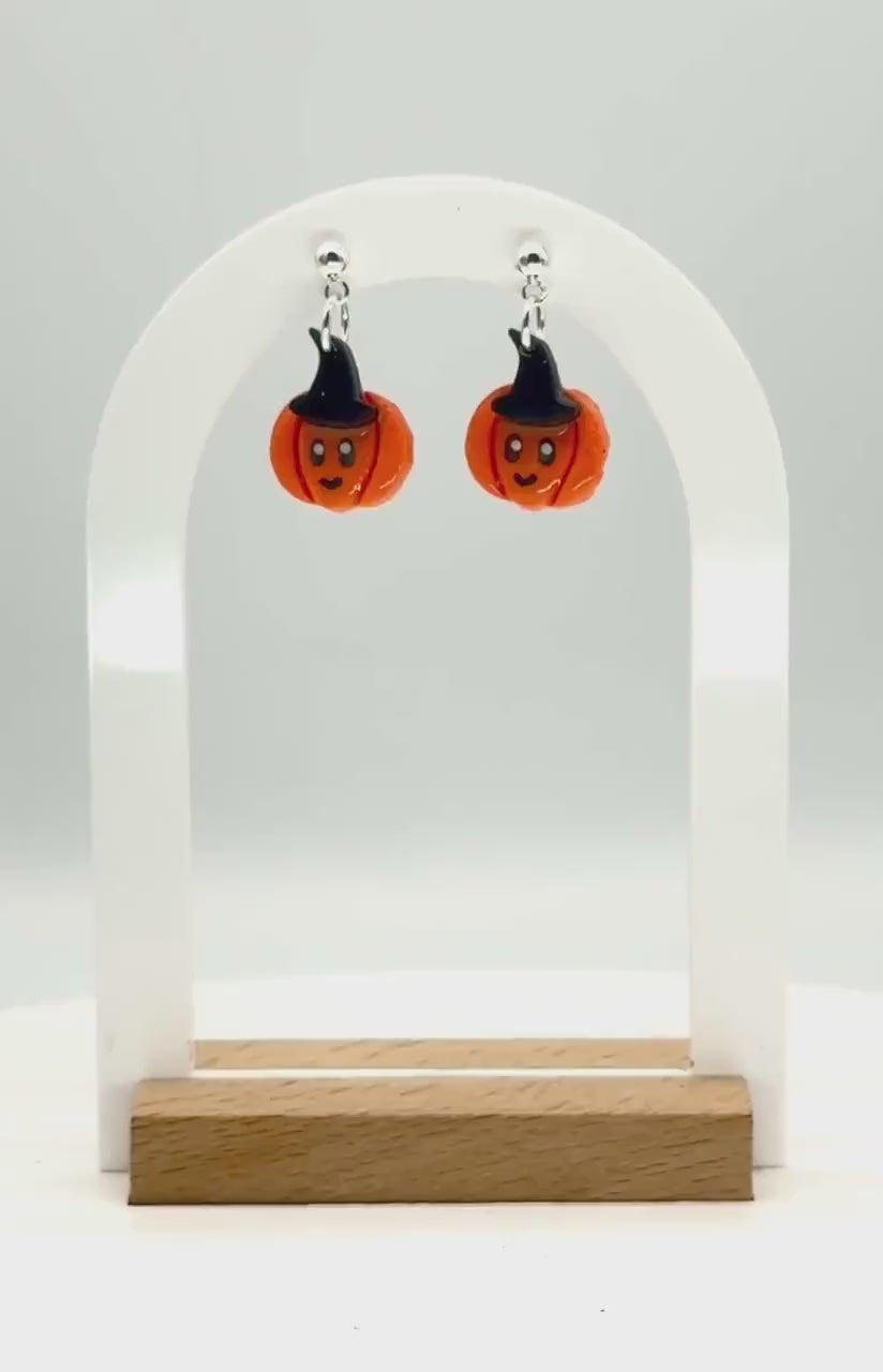 Kawaii Pumpkin Witch Earrings: Polymer Clay Dangles, Nickel-Free