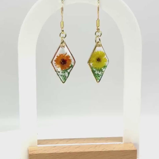 Dual Tone Floral Resin Earrings: Orange & Yellow Flower French Hooks