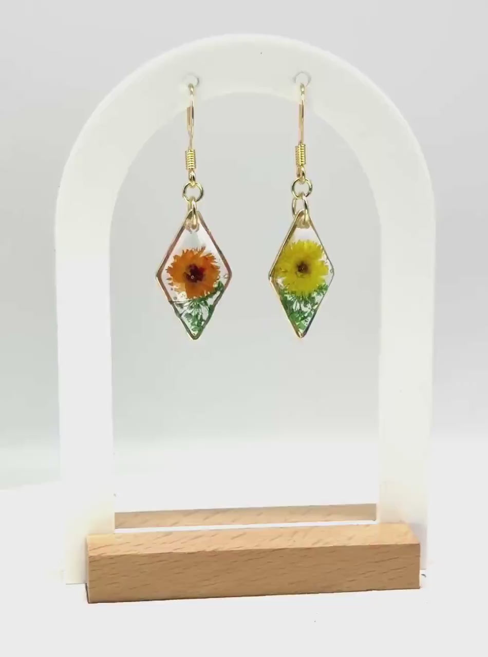 Dual Tone Floral Resin Earrings: Orange & Yellow Flower French Hooks