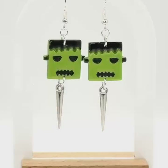 Frankenstein Earrings: Handmade Polymer Clay Monster Dangles with Silver Spikes