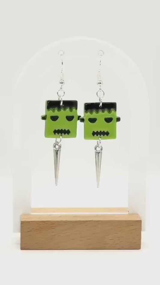 Frankenstein Earrings: Handmade Polymer Clay Monster Dangles with Silver Spikes
