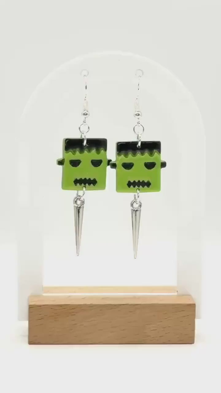Frankenstein Earrings: Handmade Polymer Clay Monster Dangles with Silver Spikes