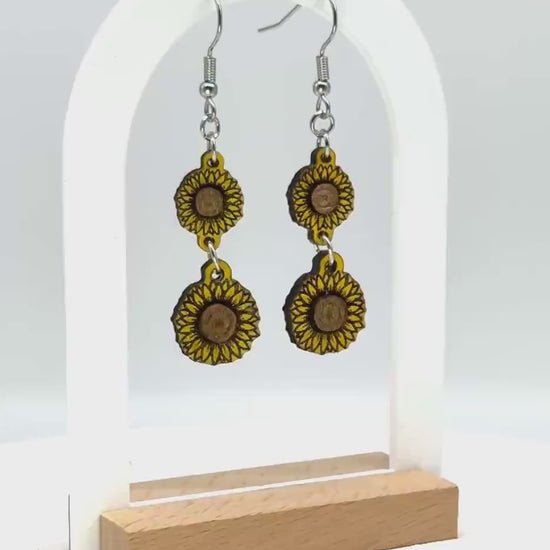 Hand-Painted Woodcut Sunflower Earrings – Layered Engraved Bloom with French Hooks