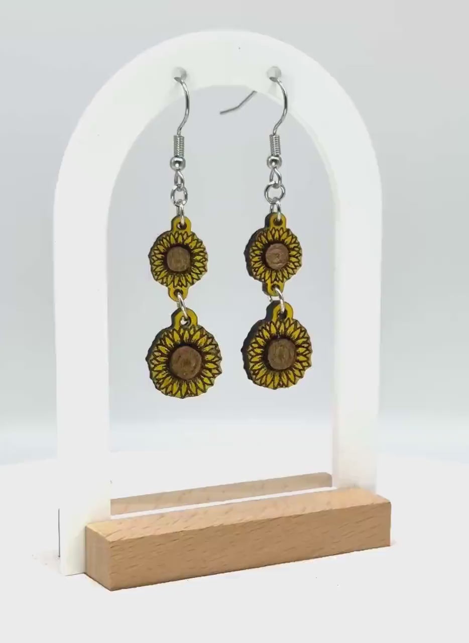 Hand-Painted Woodcut Sunflower Earrings – Layered Engraved Bloom with French Hooks