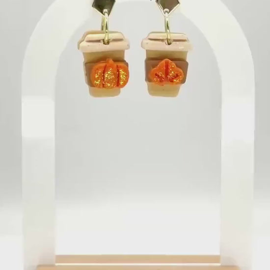 Pumpkin Spice Latte Earrings – Polymer Clay Coffee Dangles, Fall Glitter, Mismatched