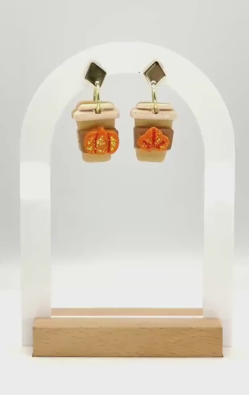 Pumpkin Spice Latte Earrings – Polymer Clay Coffee Dangles, Fall Glitter, Mismatched
