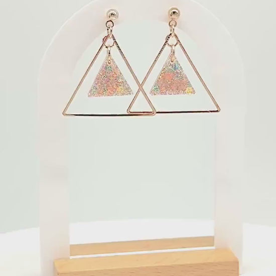 Glitter Resin Triangle Earrings: Gold Confetti Dangle Statement Earrings
